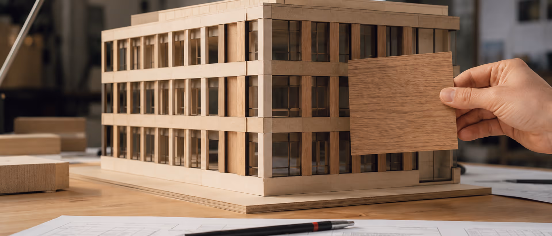 Architekturmodell einer Bürofassade auf dem Plantisch, eine Hand hält eine Folienprobe in Eichenholz-Optik direkt an die Modellfassade