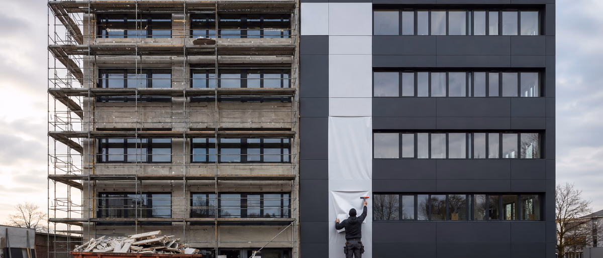 Bürofassade halb in Austausch mit Gerüst und Container, halb in laufender Folierung ohne Schutt