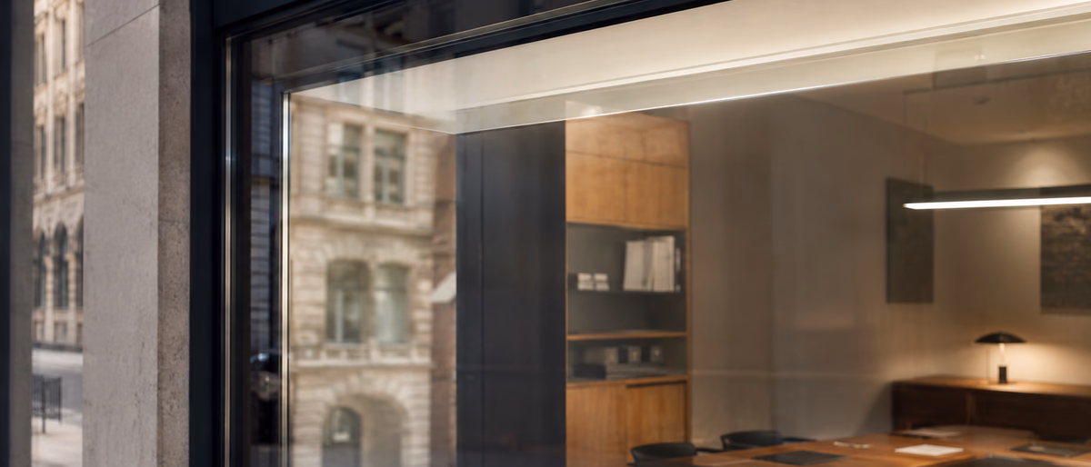 Transparente Sicherheitsfolie an einer Bürofassade-Glasscheibe, Detailansicht mit Lichtreflexion an der Kante