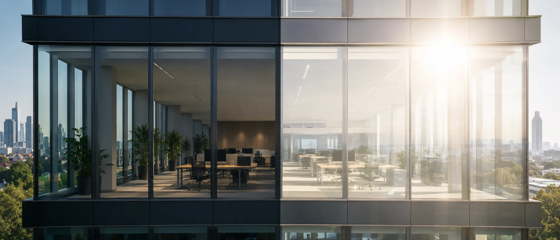 Verglaste Bürofassade in Sommerlicht, eine Hälfte mit dezent wirksamer Sonnenschutzfolie, eine Hälfte ungeschützt