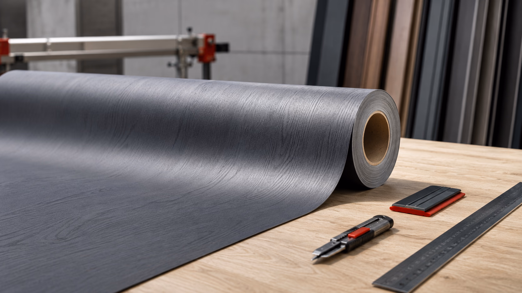 Architekturfolie auf Industrierolle, halb ausgerollt auf einem Werkstatttisch mit Andrückspatel und Schneidemesser