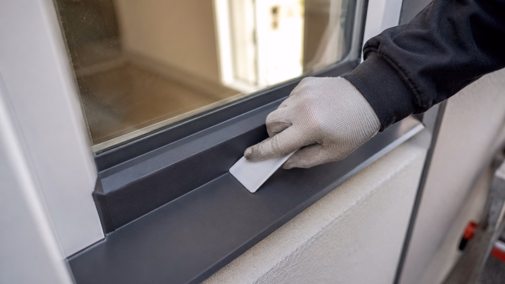 Handwerker-Detail beim Folieren eines Fensterrahmens mit Andrückspatel und Anthrazit-Folie
